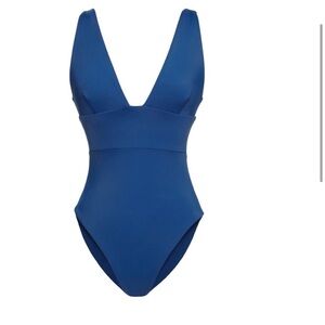 LOLIKI Georgia Plunge One Piece Swim Suit in Mare Blue Sz S